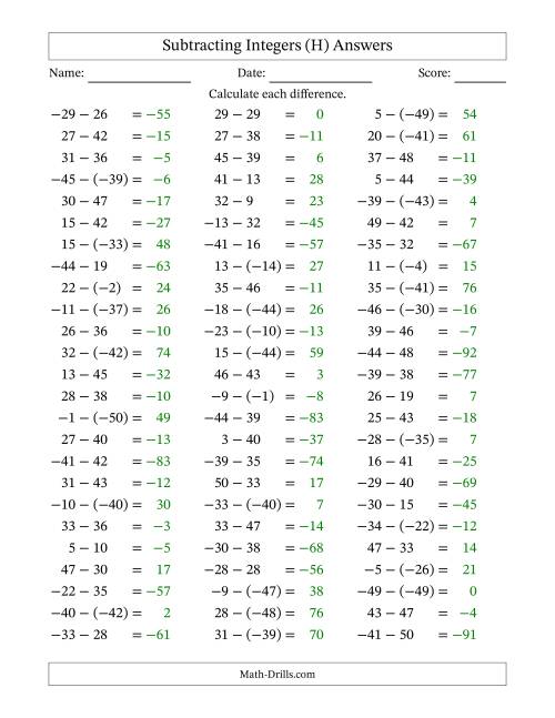The Subtracting Mixed Integers from -50 to 50 (75 Questions) (H) Math Worksheet Page 2