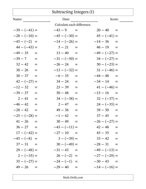 The Subtracting Mixed Integers from -50 to 50 (75 Questions) (I) Math Worksheet
