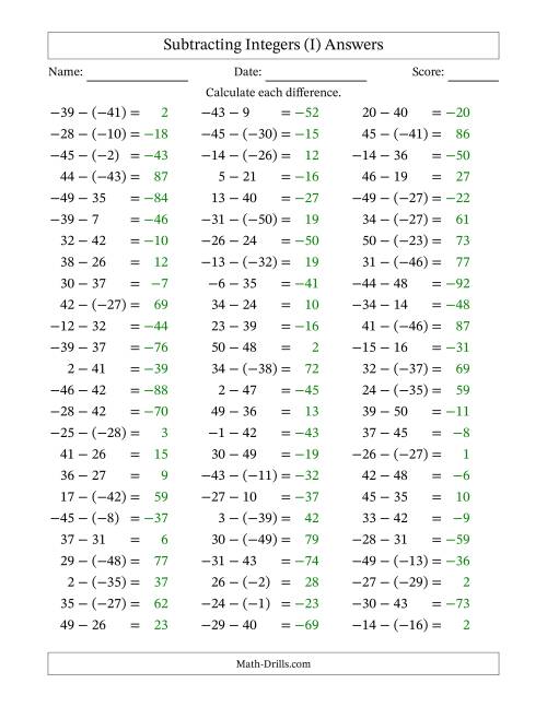 The Subtracting Mixed Integers from -50 to 50 (75 Questions) (I) Math Worksheet Page 2