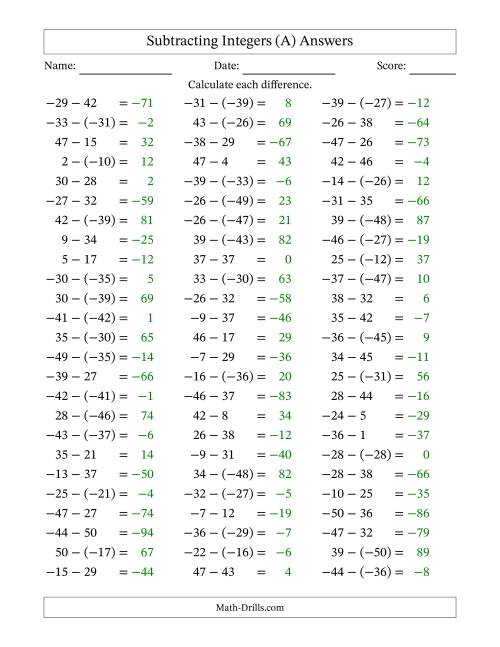 The Subtracting Mixed Integers from -50 to 50 (75 Questions) (All) Math Worksheet Page 2
