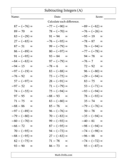 The Subtracting Integers from (-99) to (+99) (Negative Numbers in Parentheses) (A) Math Worksheet