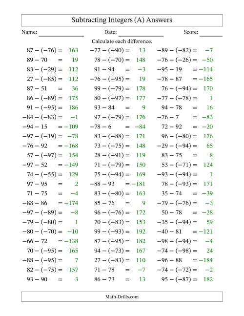 The Subtracting Integers from (-99) to (+99) (Negative Numbers in Parentheses) (A) Math Worksheet Page 2