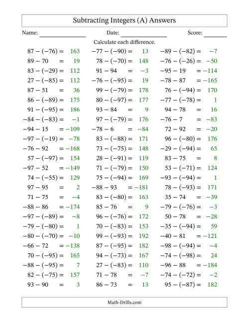 Subtracting Mixed Integers from -99 to 99 (75 Questions) (A)