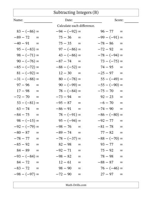 The Subtracting Mixed Integers from -99 to 99 (75 Questions) (B) Math Worksheet
