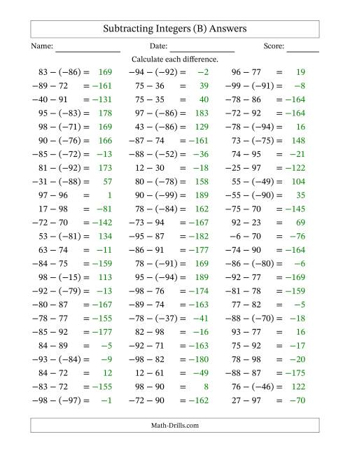 The Subtracting Integers from (-99) to (+99) (Negative Numbers in Parentheses) (B) Math Worksheet Page 2