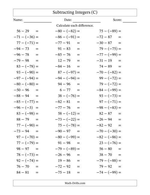 The Subtracting Mixed Integers from -99 to 99 (75 Questions) (C) Math Worksheet