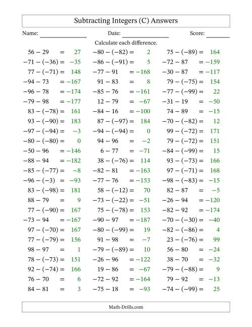 The Subtracting Mixed Integers from -99 to 99 (75 Questions) (C) Math Worksheet Page 2
