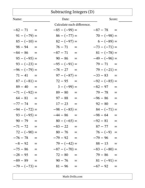 The Subtracting Integers from (-99) to (+99) (Negative Numbers in Parentheses) (D) Math Worksheet