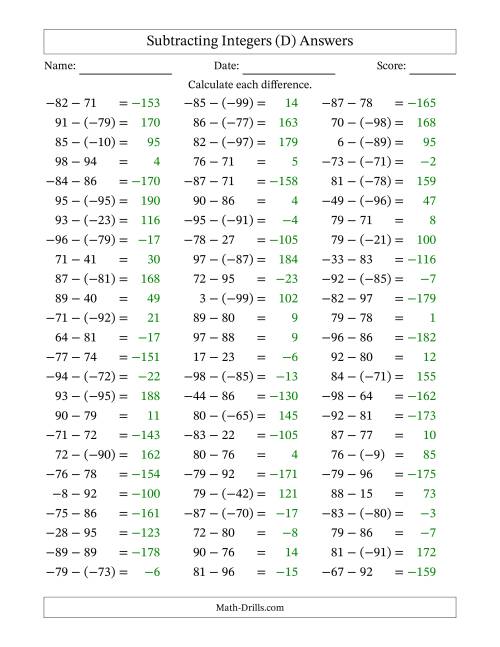 The Subtracting Integers from (-99) to (+99) (Negative Numbers in Parentheses) (D) Math Worksheet Page 2