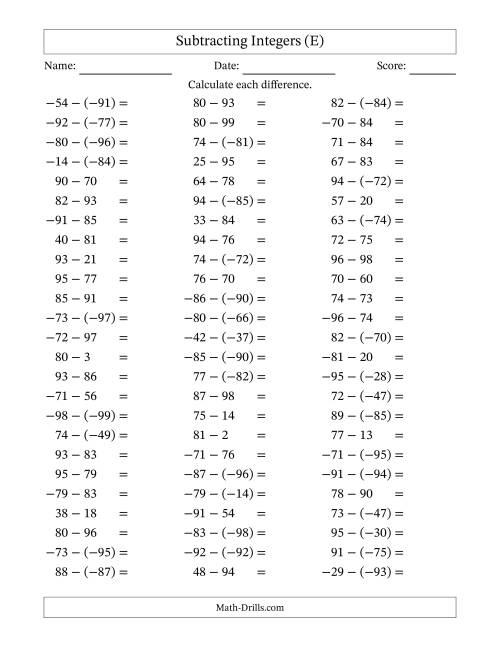 The Subtracting Integers from (-99) to (+99) (Negative Numbers in Parentheses) (E) Math Worksheet