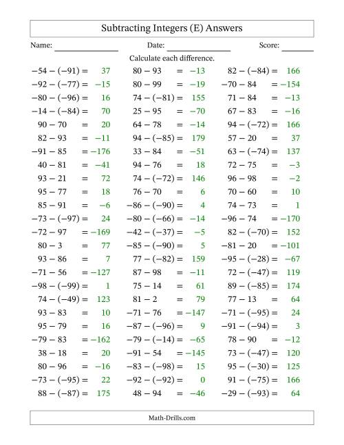 The Subtracting Integers from (-99) to (+99) (Negative Numbers in Parentheses) (E) Math Worksheet Page 2