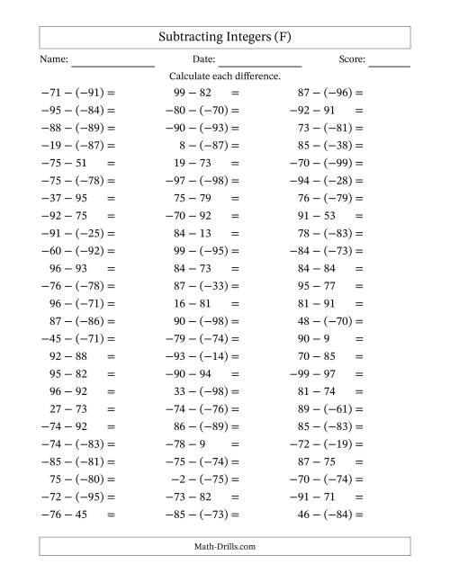 The Subtracting Mixed Integers from -99 to 99 (75 Questions) (F) Math Worksheet