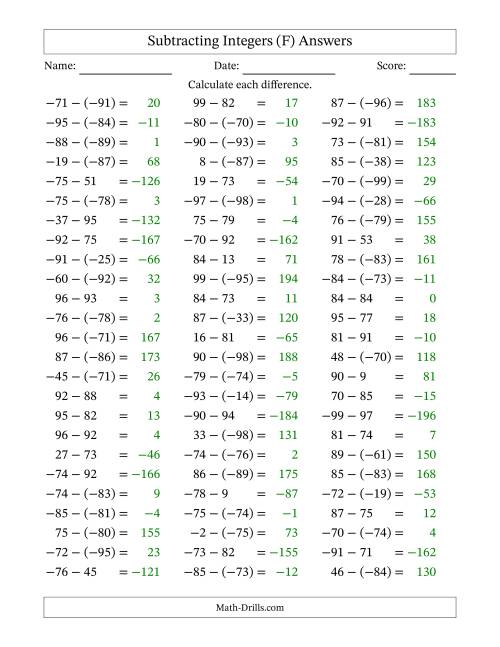 The Subtracting Mixed Integers from -99 to 99 (75 Questions) (F) Math Worksheet Page 2
