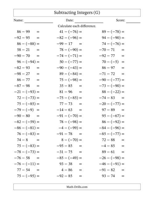 The Subtracting Integers from (-99) to (+99) (Negative Numbers in Parentheses) (G) Math Worksheet