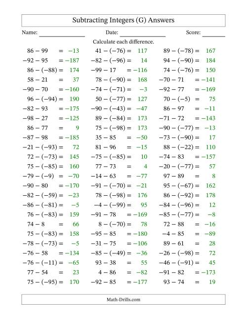 The Subtracting Mixed Integers from -99 to 99 (75 Questions) (G) Math Worksheet Page 2
