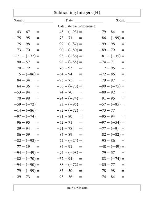 The Subtracting Integers from (-99) to (+99) (Negative Numbers in Parentheses) (H) Math Worksheet