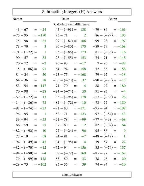 The Subtracting Integers from (-99) to (+99) (Negative Numbers in Parentheses) (H) Math Worksheet Page 2