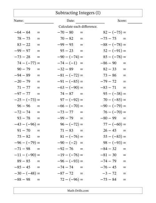 The Subtracting Integers from (-99) to (+99) (Negative Numbers in Parentheses) (I) Math Worksheet