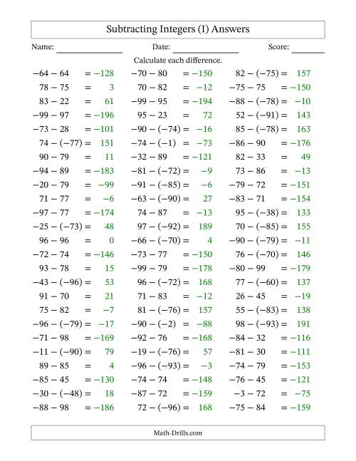 The Subtracting Integers from (-99) to (+99) (Negative Numbers in Parentheses) (I) Math Worksheet Page 2