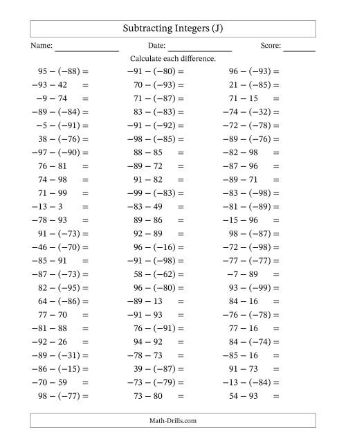 The Subtracting Mixed Integers from -99 to 99 (75 Questions) (J) Math Worksheet
