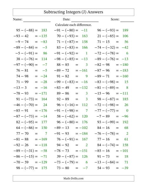 The Subtracting Mixed Integers from -99 to 99 (75 Questions) (J) Math Worksheet Page 2