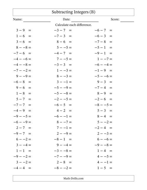 The Subtracting Mixed Integers from -9 to 9 (75 Questions; No Parentheses) (B) Math Worksheet