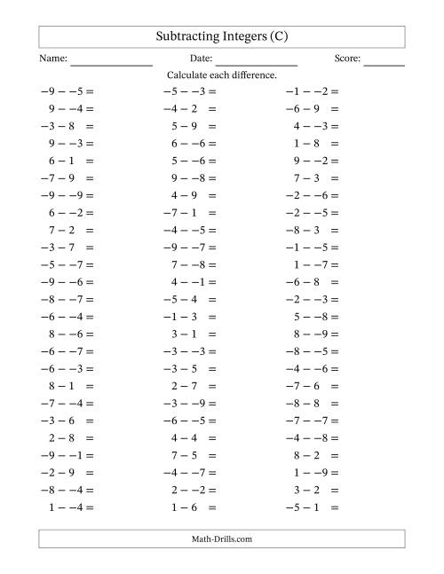 The Subtracting Mixed Integers from -9 to 9 (75 Questions; No Parentheses) (C) Math Worksheet