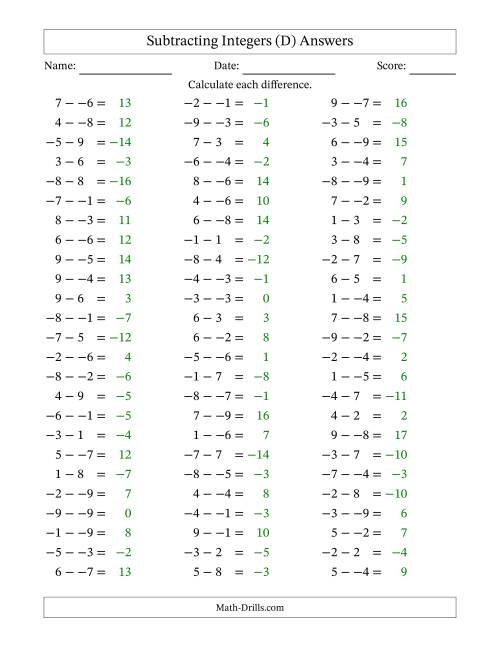 The Subtracting Mixed Integers from -9 to 9 (75 Questions; No Parentheses) (D) Math Worksheet Page 2