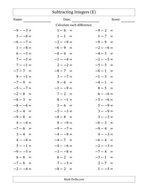 The Subtracting Mixed Integers from -9 to 9 (75 Questions; No Parentheses) (E) Math Worksheet