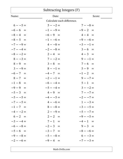 The Subtracting Mixed Integers from -9 to 9 (75 Questions; No Parentheses) (F) Math Worksheet