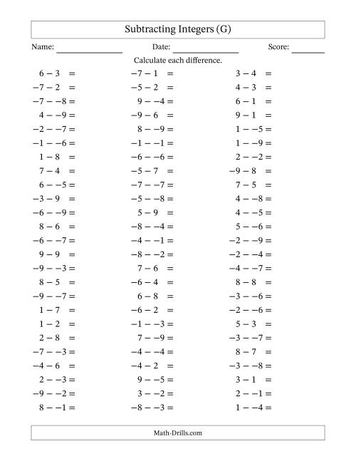 The Subtracting Mixed Integers from -9 to 9 (75 Questions; No Parentheses) (G) Math Worksheet