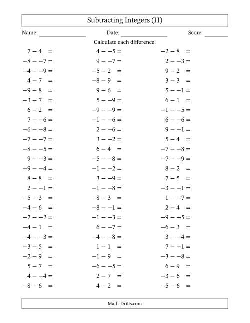 The Subtracting Mixed Integers from -9 to 9 (75 Questions; No Parentheses) (H) Math Worksheet