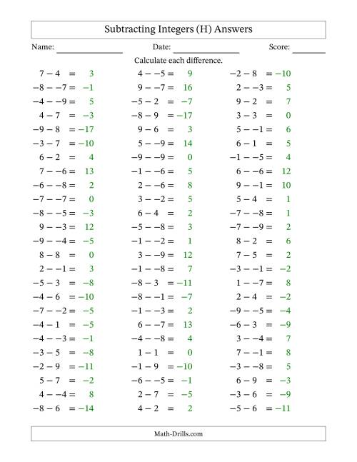 The Subtracting Mixed Integers from -9 to 9 (75 Questions; No Parentheses) (H) Math Worksheet Page 2