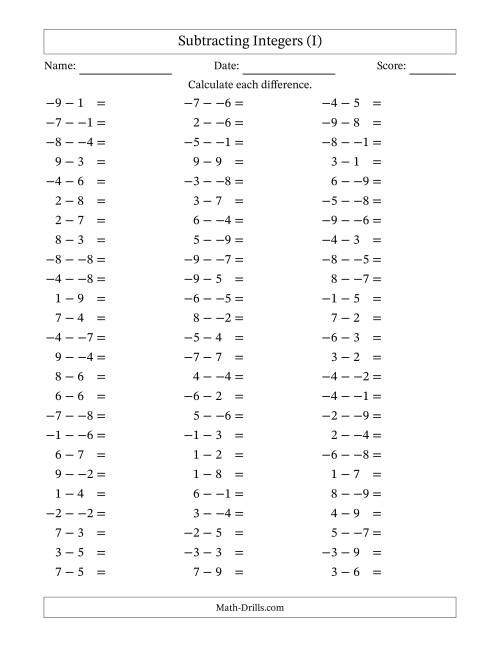 The Subtracting Mixed Integers from -9 to 9 (75 Questions; No Parentheses) (I) Math Worksheet