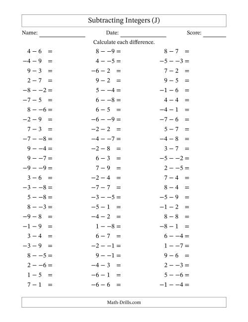 The Subtracting Mixed Integers from -9 to 9 (75 Questions; No Parentheses) (J) Math Worksheet