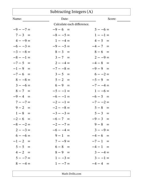 The Subtracting Mixed Integers from -9 to 9 (75 Questions; No Parentheses) (All) Math Worksheet