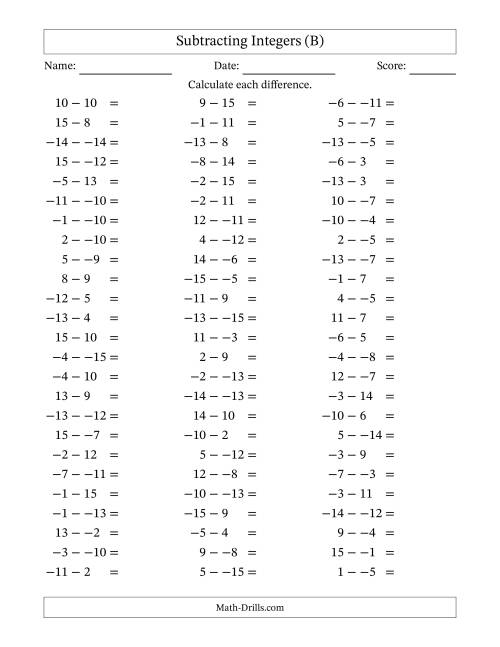 The Subtracting Mixed Integers from -15 to 15 (75 Questions; No Parentheses) (B) Math Worksheet
