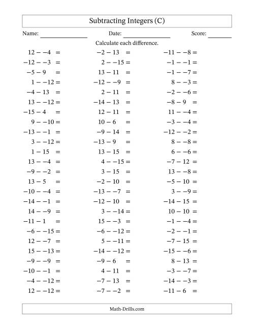 The Subtracting Mixed Integers from -15 to 15 (75 Questions; No Parentheses) (C) Math Worksheet