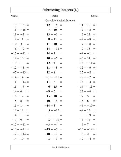 The Subtracting Mixed Integers from -15 to 15 (75 Questions; No Parentheses) (D) Math Worksheet