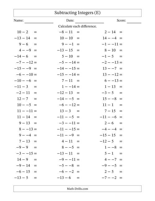 The Subtracting Mixed Integers from -15 to 15 (75 Questions; No Parentheses) (E) Math Worksheet