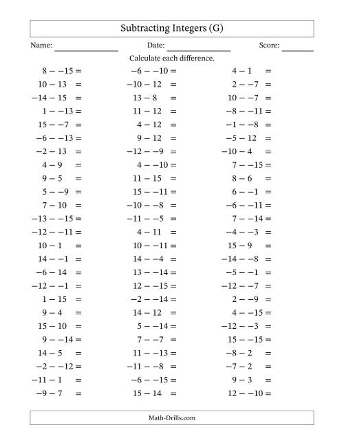 The Subtracting Mixed Integers from -15 to 15 (75 Questions; No Parentheses) (G) Math Worksheet