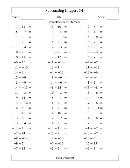 The Subtracting Mixed Integers from -15 to 15 (75 Questions; No Parentheses) (H) Math Worksheet