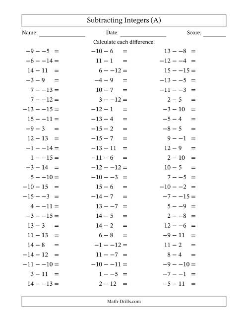 The Subtracting Mixed Integers from -15 to 15 (75 Questions; No Parentheses) (All) Math Worksheet