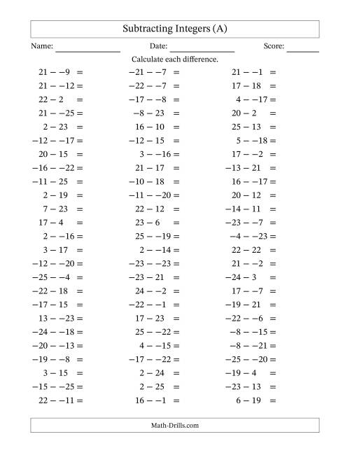 The Subtracting Integers from (-25) to (+25) (No Parentheses) (A) Math Worksheet