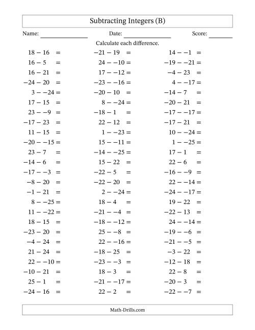 The Subtracting Mixed Integers from -25 to 25 (75 Questions; No Parentheses) (B) Math Worksheet