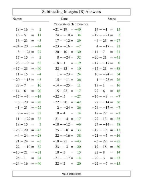 The Subtracting Mixed Integers from -25 to 25 (75 Questions; No Parentheses) (B) Math Worksheet Page 2