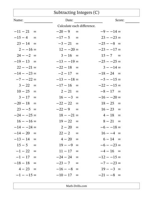 The Subtracting Mixed Integers from -25 to 25 (75 Questions; No Parentheses) (C) Math Worksheet