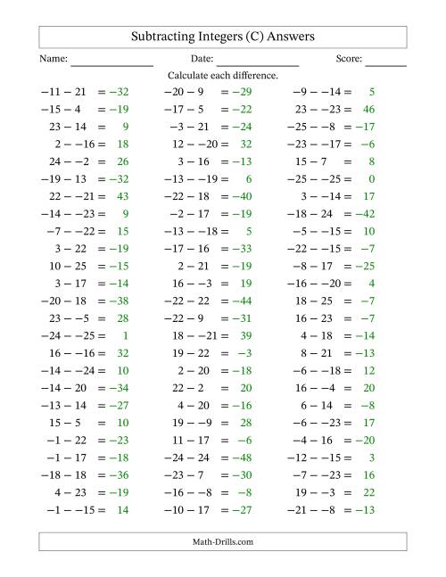 The Subtracting Mixed Integers from -25 to 25 (75 Questions; No Parentheses) (C) Math Worksheet Page 2