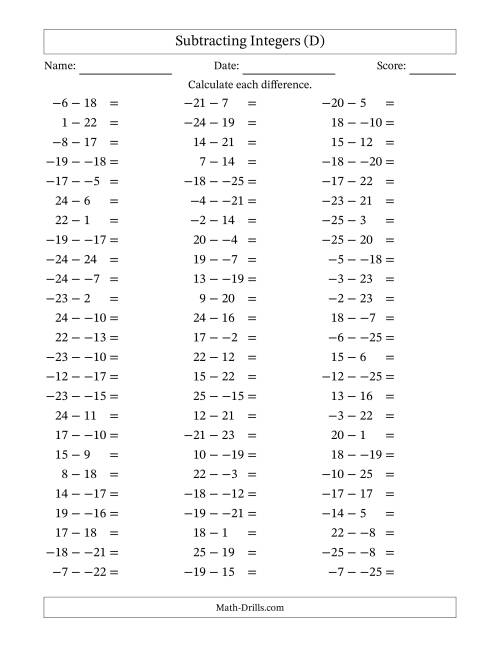 The Subtracting Mixed Integers from -25 to 25 (75 Questions; No Parentheses) (D) Math Worksheet