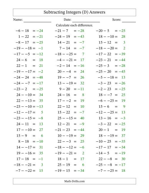 The Subtracting Mixed Integers from -25 to 25 (75 Questions; No Parentheses) (D) Math Worksheet Page 2